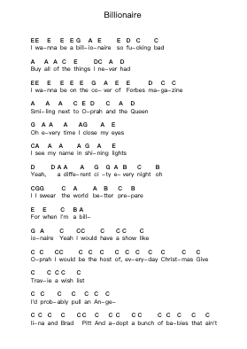 Billionaire 鋼琴字母譜由 Travie McCoy - 編曲 Earlfay Joyceraine