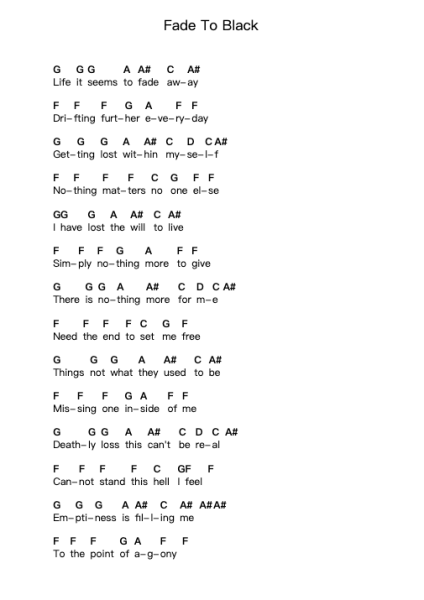Fade To Black 鋼琴字母譜由 Metallica - 編曲 Zoetricia Smedsibyl