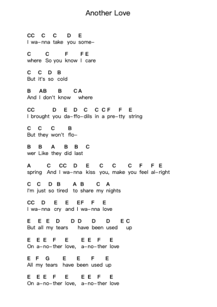 Another Love Piano letter notes by Tom Odell - Arr.Boycehe