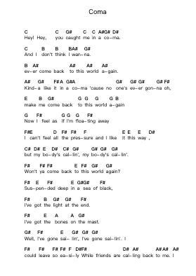 Coma Piano letter notes by Guns N' Roses - Arr.Yermore