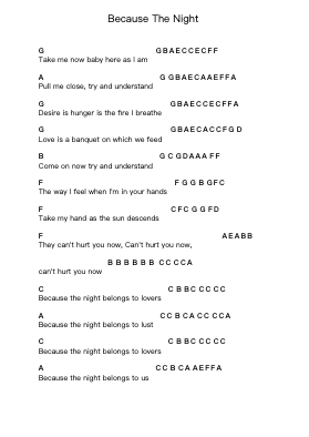 Because The Night Piano letter notes by Patti Smith - Arr.Hoywoolf Lindses