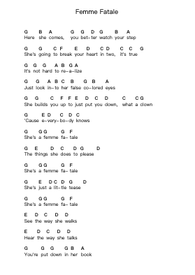 Femme Fatale Piano letter notes by The Velvet Underground - Arr.Peagrace Lensid