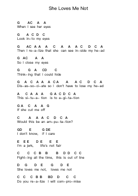 She Loves Me Not Piano letter notes by Papa Roach - Arr.Stilwald Mollswift