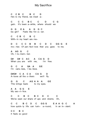 My Sacrifice Piano letter notes by Creed - Arr.Efbooth Borgfe