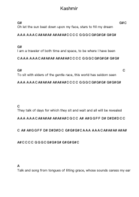 Kashmir Piano letter notes by Led Zeppelin - Arr.Odewyatt