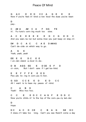 Peace Of Mind Notas de piano en letras por Boston - Arr.Danchloe