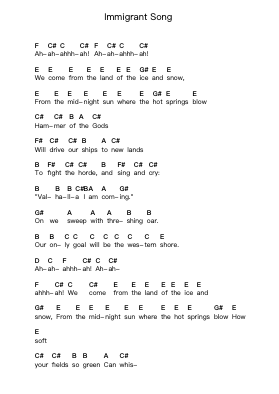 Immigrant Song Klavierbuchstaben-Noten von Led Zeppelin - Arr.Jeffhy Lionelmatt