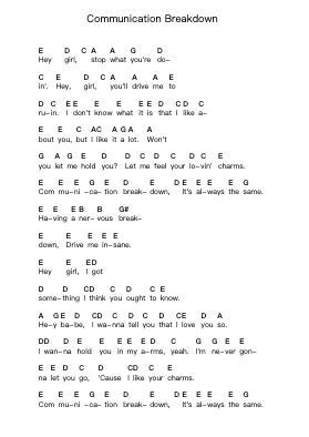 Communication Breakdown Piano letter notes by Led Zeppelin - Arr.Boycehe