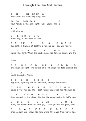Through The Fire And Flames Piano letter notes by DragonForce - Arr.Paygill Noaho'neil