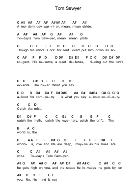 Tom Sawyer Piano letter notes by Rush - Arr.Benga