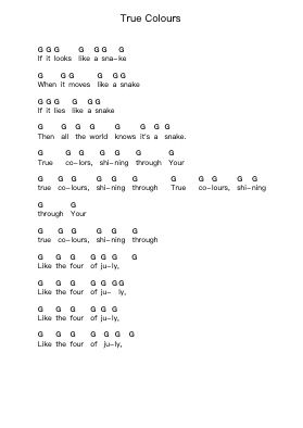 True Colours Piano letter notes by Gallows - Arr.Montbrook