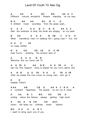 Land Of Youth Tir Nan Og Piano letter notes by Tuatha de Danann - Arr.Rares