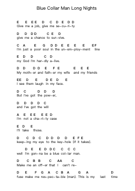 Blue Collar Man Long Nights Piano letter notes by Styx - Arr.Gemcam Lanbert