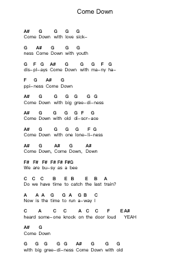 Come Down Piano letter notes by Pillows - Arr.Fowcoln