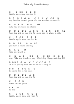 Take My Breath Away โน้ตตัวอักษรเปียโนโดย Berlin - Arr.Sigwy Lorxine