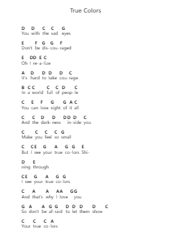 True Colors Piano letter notes by Cyndi Lauper - Arr.Milllas