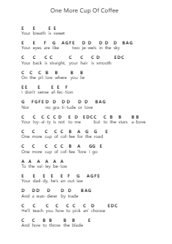 One More Cup Of Coffee Piano letter notes by Bob Dylan - Arr.Bauzel Zebian