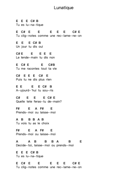 Lunatique Piano letter notes by Stereo Total - Arr.Pritience