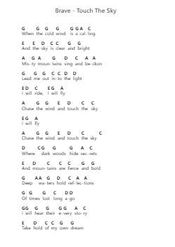 Brave - Touch The Sky 钢琴字母谱由 Misc Cartoons - 编曲 Whitether