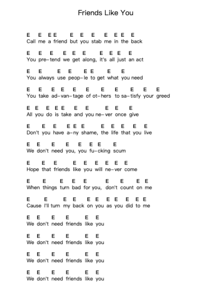Friends Like You Piano letter notes by Sick of It All - Arr.Zangline