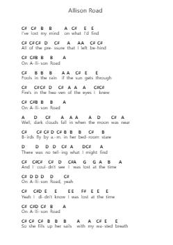 Allison Road Piano letter notes by Gin Blossoms - Arr.Golddon