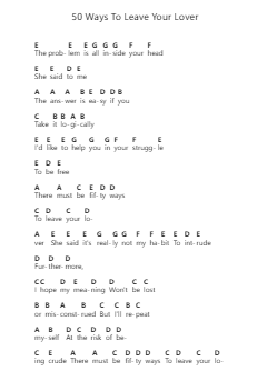50 Ways To Leave Your Lover Piano letter notes by Paul Simon - Arr.Poshua Xansweet