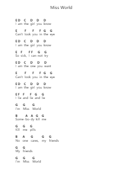 Miss World Piano letter notes by Hole - Arr.Stanwylde