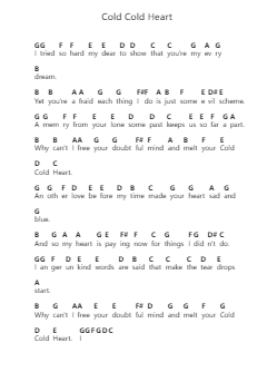 Cold Cold Heart Piano letter notes by Hank Williams - Arr.Darcarr