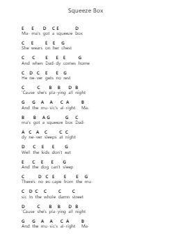 Squeeze Box Piano letter notes by The Who - Arr.Reyler Poundien