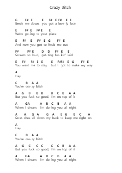 Crazy Bitch पियानो पत्र नोट्स द्वारा Buckcherry - Arr.Penlith