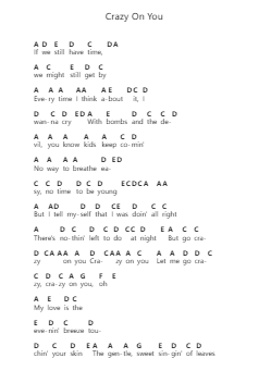 Crazy On You Piano letter notes by Heart - Arr.Fagee