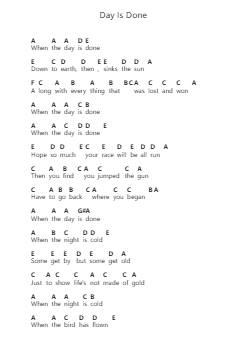 Day Is Done Piano letter notes by Nick Drake - Arr.Bysey Truwood