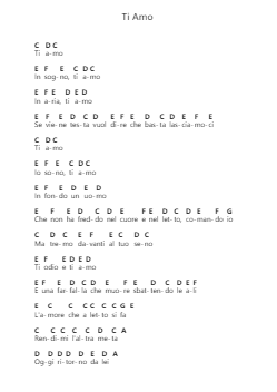 Ti Amo Piano letter notes by Umberto Tozzi - Arr.Bertreade