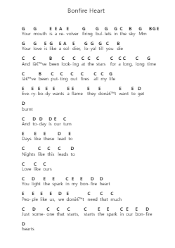 Bonfire Heart Piano letter notes by James Blunt - Arr.Colbard Ramsdick