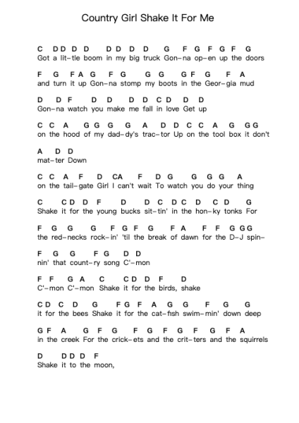 Country Girl Shake It For Me Piano letter notes by Luke Bryan - Arr.Shirvien