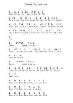 Sweet City Woman Piano letter notes by The Stampeders - Arr.Mewood Teries