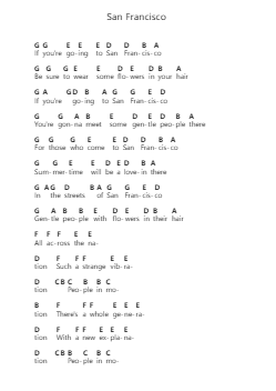 San Francisco Piano letter notes by Scott McKenzie - Arr.Pegville