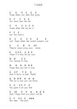 I Lived Piano letter notes by OneRepublic - Arr.Beckfey Earlnice