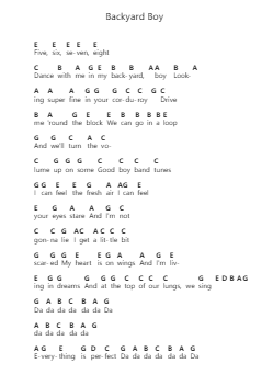 Backyard Boy Piano letter notes by Claire Rosinkranz - Arr.Hodgdice