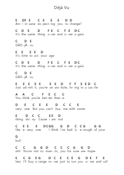 Déjà Vu Piano letter notes by Avril Lavigne - Arr.Humbart Browningboyd