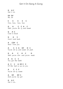 Get It On Bang A Gong Piano letter notes by The Power Station - Arr.Clevestowe Walkyes
