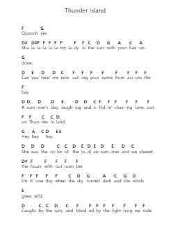 Thunder Island Piano letter notes by Jay Ferguson - Arr.Stoweberg
