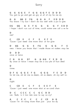 Sorry Piano letter notes by Justin Bieber - Arr.Turdrea
