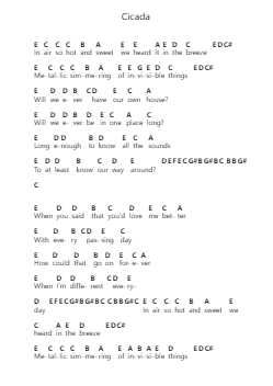 Cicada Piano letter notes by La Luz - Arr.Jillcooke Murday