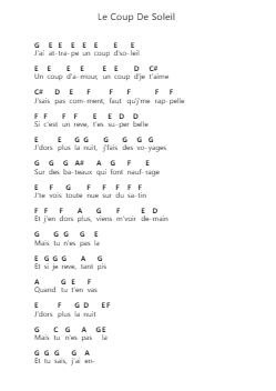 Le Coup De Soleil Piano letter notes by Riccardo Cocciante - Arr.Earyy