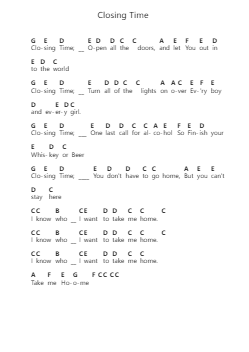 Closing Time Piano letter notes by Semisonic - Arr.Brandwight Gillget