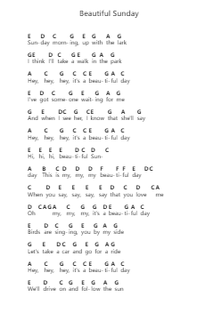 Beautiful Sunday 鋼琴字母譜由 Daniel Boone - 編曲 Upving
