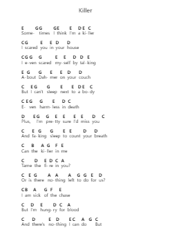 Killer โน้ตตัวอักษรเปียโนโดย Phoebe Bridgers - Arr.Efbin Kimsie