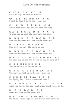 Love On The Weekend Piano letter notes by John Mayer - Arr.Huce Earlville