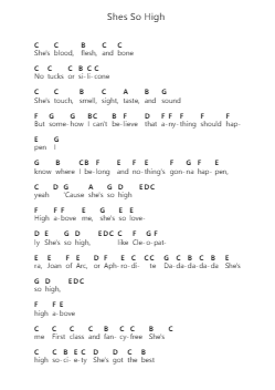 Shes So High Piano letter notes by Tal Bachman - Arr.Saxbraith